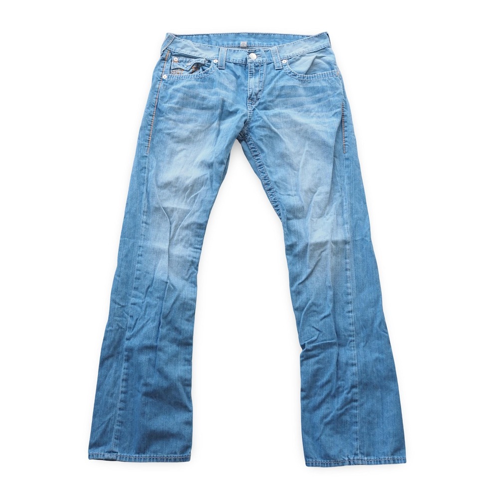 True Religion Straight Jeans Mens 34 Light Wash Blue Denim Horseshoe USA
